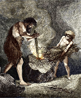 Prints of Early humans making fire. Coloured artwork of a method of making fire being used by early humans. This method involves rotating the pointed end of a stick in a dry piece of wood Images Dated 2008 October: Early humans making fire