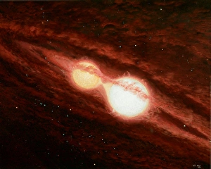 Prints of Eclipsing binary star system. Artwork of W Ursae Majoris, an eclipsing binary system located around 200 light years away from Earth Images Dated 2004 November: W Ursae Majoris Eclipsing Binary System Print