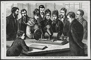 Print of Edison operating the phonograph