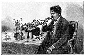 Vintage Recording Equipment Prints: Edison talking into his phonograph