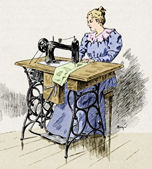 Prints of Electrical sewing machine. Historical artwork of a woman using a 19th-century electrical sewing machine Images Dated 2006 December: Early 20th-century Print of a Woman Operating an Electrical Sewing Machine