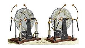 Prints of Electrostatic generators. Historical artwork of two Wimshurst machines seen from the front (left) and from behind (right) Images Dated 2006 December: Wimshurst Machine Print