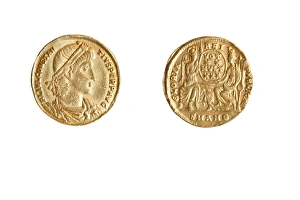 Prints of Golden Roman Coin. Emperor Constantine II (Constantinus) 337-361 CE Gold 4.5gr Left, Bust of Constantine. Right Roma and Constantinople seated holding shield Images Dated 2012 October: Emperor Constantine II Golden Roman Coin Print