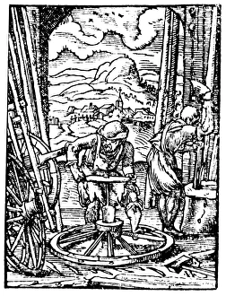 Engraving of wheel manufacture in the 16th century Engraving of wheel manufacture in the 16th century