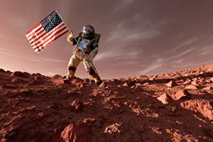 Astronaut Prints: US Exploration of Mars Print: Astronaut Preparing to Plant the Flag