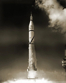 Prints of Explorer 4 launch. Explorer 4 being launched by a Jupiter-C rocket from Cape Canaveral (now Kennedy Space Centre), Florida, USA, on 26 July 1958 Images Dated 2007 February: Explorer 4 Launch Print