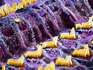 False-colour SEM of hair cells in the inner ear False-colour SEM of hair cells in the inner ear