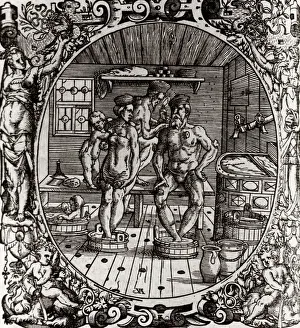 Family in a sauna, 16th century artwork C015/1554 Family in a sauna, 16th century artwork C015/1554