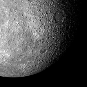 Prints of Far side of the Moon. The dark crater towards lower right is Crater Tsiolkovsky, which was only half filled with lava after impact Images Dated 2011 December: Print of the Far side of the Moon, featuring Crater Tsiolkovsky