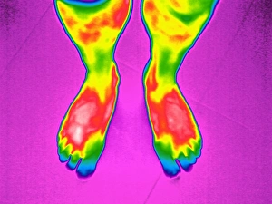 Prints of Feet, thermogram. A thermogram shows the variation in temperature on the surface of an object, measured by the long-wave infrared radiation it emits Images Dated 2008 December: Thermogram Print of Feet