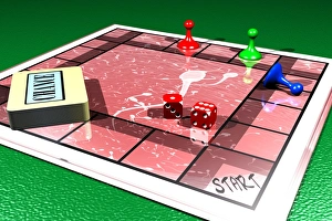 Prints of Fertility. Conceptual computer artwork of human sperm (male sex cells, white) as part of a board game Images Dated 2004 July: Fertility Print: Human Sperm in a Board Game