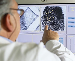 Prints of Fingerprint analysis. Forensic scientist pointing at fingerprints being compared by characteristic features (square yellow markers) Images Dated 2004 July: Fingerprint Print Analysis