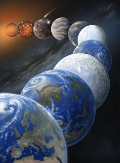 Prints of Formation of the Earth. Artwork showing stages in the formation of the Earth, up to the present day. The Earth formed 4.5 billion years ago Images Dated 2010 August: Formation of the Earth Print: A Visual Representation of Planetary Development