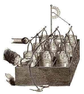 Prints of Franklin was the first to group a series of Leyden jars together. In 1749 he coined the word Ôé¼┼ôbatteryÔé¼ to describe such an assembly of cells Images Dated 2011 January: Franklin's Electrostatic Battery Print