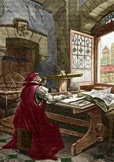Italian Astronomer Prints: Galileo using a telescope