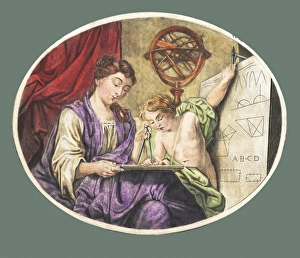 Prints of Geometry lesson, historical artwork. Allegorical representation of a mother teaching her son geometry. She is using a compass Images Dated 2008 October: A Mother Teaches Geometry Print