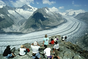 Prints of Glacier. View across a glacial valley. The dark stripes on the glacier are well-defined medial (or central) moraines Images Dated 2000 October: Glacier Print: Medial Moraine Formation