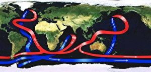 Prints of Global ocean circulation. Satellite image of the Earth from space with a map of ocean circulation. Ocean currents flow around the world due to differences in temperature and salinity Images Dated 2005 July: Global Ocean Circulation Print: Satellite Image of Earth with Map