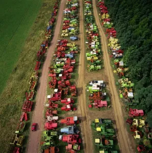 Aerial photograph print of combine harvesters in a scrapyard