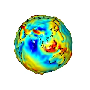 Prints of Gravity map of Earth. Computer model showing the variation of the Earths gravity field centred on the Asia. Colours represent gravity anomaly Images Dated 2013 December: Gravity Map of Earth Print: Computer model showing Asia-centred gravity field variation