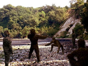 Hominid Evolution Prints: Group of hominids, computer artwork