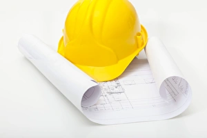 Hard Hat Construction Prints: Hard hat and building plans