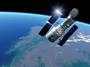 Hubble Space Telescope in orbit, artwork Hubble Space Telescope in orbit, artwork