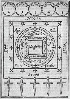 Prints of Capturing a spirit. Woodcut illustration of a diagram that shows the procedure for attempting inclosing a spirit in a christall Images Dated 2011 March: Capturing a spirit Print, woodcut illustration