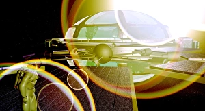 Prints of Interstellar spaceship, computer artwork. Travel between stars is likely to take hundreds of years. Spacecraft which make the journey will need to be entirely self-supporting Images Dated 2005 January: Interstellar Spaceship Print