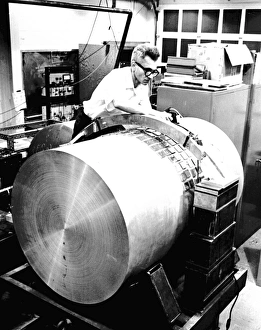 Joseph Weber, physicist, working on a gravitational wave antenna