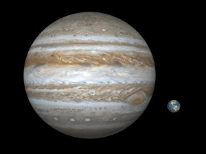 Prints of Jupiter and Earth compared. Computer artwork comparing the size of the gas giant Jupiter (left) with that of the Earth (right) Images Dated 2010 May: Jupiter and Earth Print: A Computer Artwork Comparison
