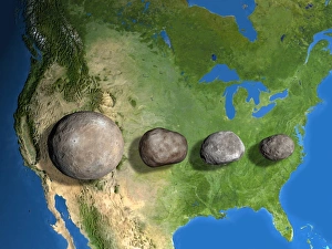 Prints of Four largest asteroids, computer scale artwork. The asteroids are seen against North America for scale. From left, from largest to smallest, they are: Ceres, Vesta, Pallas, and Hygiea Images Dated 2008 November: Four largest asteroids scale print