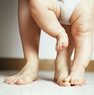 Prints of MODEL RELEASED. Learning to walk. Mother supporting her 8 month old baby boy as he learns to walk Images Dated 2007 May: Learning to Walk Print: 8-Month-Old Baby Boy Taking First Steps
