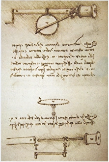 Prints of Leonardo sketch of an automatic bobbin winder with an exploded view to illustrate the component parts Images Dated 2011 September: Leonardo's Automatic Bobbin Winder Print