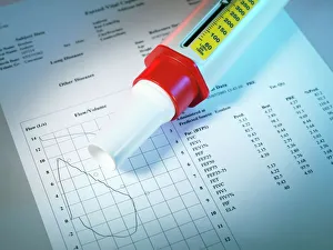 Prints of Lung function test. Spirometer sitting on lung function test results Images Dated 2010 August: Lung Function Test Print - Spirometer on Results