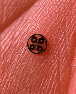 Macrophoto of microcogs on the palm of mans hand Macrophoto of microcogs on the palm of mans hand