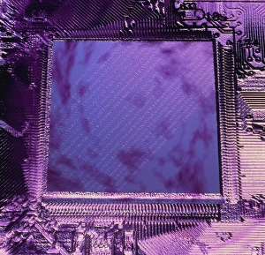 Macrophotograph of an Intel computer microchip Macrophotograph of an Intel computer microchip