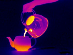 Prints of Making a cup of tea. Image 2 of 4. Thermogram of a hand pouring boiling water from a kettle into a pot to make tea. The colours show variations in temperature Images Dated 2004 March: Thermogram Print of Hand Pouring Boiling Water into Teapot