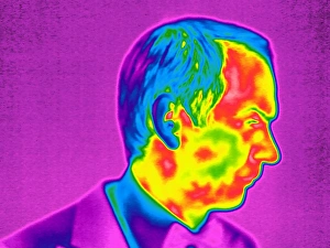 Prints of Mans face, thermogram. A thermogram shows the variation in temperature on the surface of an object, measured by the long-wave infrared radiation it emits Images Dated 2008 December: Thermogram Print of a Man's Face