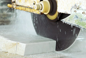 Marble Quarry Print: Large Circular Saw Cutting Marble Slabs