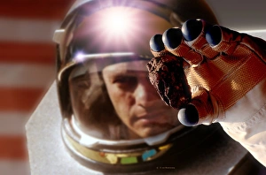 Prints of Mars astronaut. Computer artwork of an astronaut holding a sample of Martian rock. The red-orange colour of the Martian rocks is due to a high iron oxide content Images Dated 2006 February: Mars Astronaut Holding Martian Rock Print