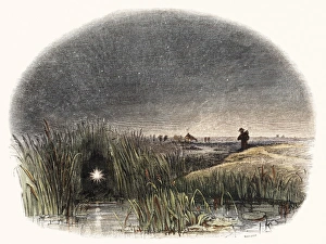 Prints of Marsh light, historical artwork. Also known as a will o the wisp, ignis fatuus, and corpse candle, a marsh light is a pale light seen in marshes and bogs Images Dated 2005 August: 19th Century Marsh Light Print