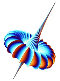 Prints of Mathematical model, computer artwork. This model represents a type of non-linear wave, known as a breather. A breathers energy tends to be localised in space, and oscillates in time Images Dated 2008 November: Mathematical model Print - Breather Wave