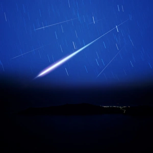 Prints of Meteor tracks and star trails above Santorini, Greece, artwork Images Dated 2003 November: Meteor tracks and star trails above Santorini, Greece Print