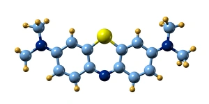 Prints of Methylene blue, molecular model. Atoms are represented by spheres (carbon: light blue, nitrogen: dark blue, sulphur: yellow, hydrogen: mustard) with the bonds between them as bars Images Dated 2008 December: Methylene Blue Molecular Model Print