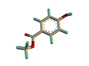 Prints of Molecular representation of methylparaben, one ester of parahydroxybenzoic acid. It is a commonly used preservative in cosmetics and pharmaceuticals Images Dated 2012 October: Methylparaben Molecule Print