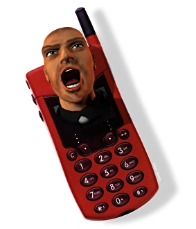 Prints of Mobile phone rage. Conceptual computer artwork of the head of an angry man poking from the screen of a mobile telephone Images Dated 2001 May: Mobile Phone Rage Print - Angry Man Emerging from a Mobile Telephone Screen