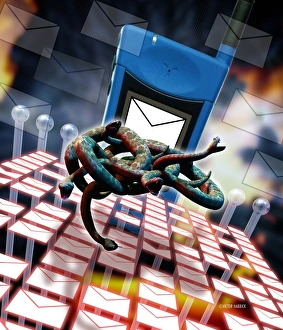Prints of Mobile telephone hate mail. Conceptual computer artwork of snakes and a mobile telephone being used to send text messages (envelope symbols) Images Dated 2002 April: Mobile Telephone Hate Mail Print