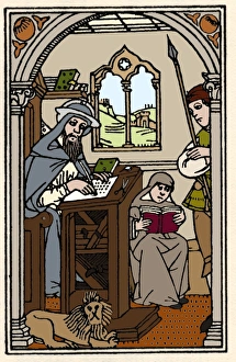 Prints of Book transcription. Coloured historical woodcut of a mediaeval monk transcribing a book. Before the invention of the printing press, in the 15th century, books had to be made by hand Images Dated 2003 November: A Monk at Work - Hand Transcription Print