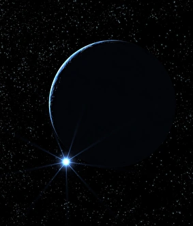 Prints of Moon and star. Artwork of a bright star near the crescent Moon, seen from space Images Dated 2001 February: Crescent Moon and Bright Star Print